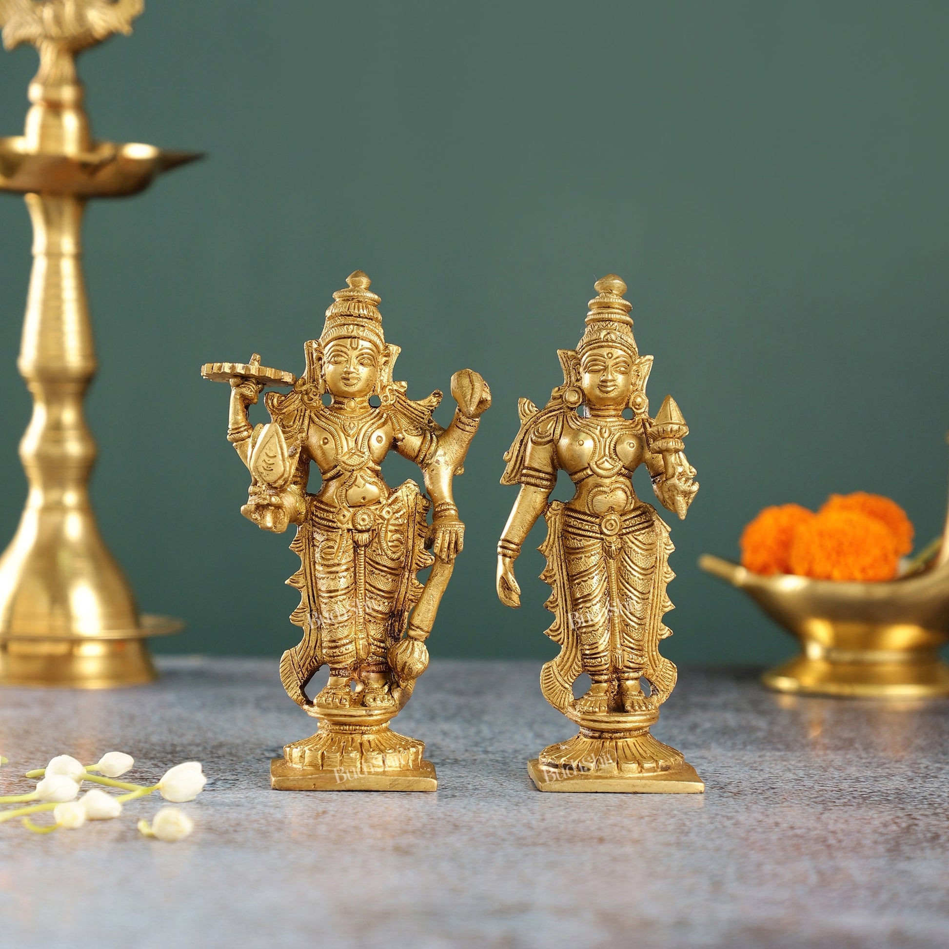 6-Inch Brass Standing Vishnu and Lakshmi Idols - Superfine Pair