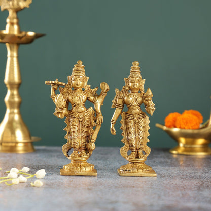 6-Inch Brass Standing Vishnu and Lakshmi Idols - Superfine Pair