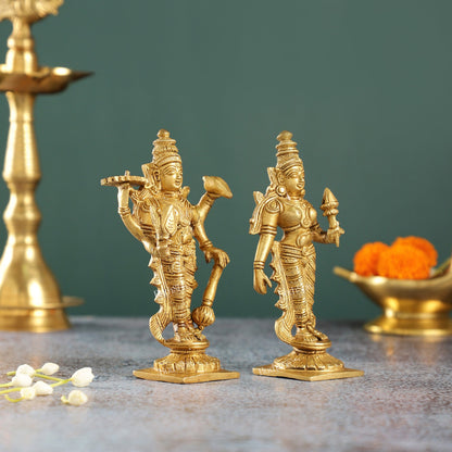 6-Inch Brass Standing Vishnu and Lakshmi Idols - Superfine Pair