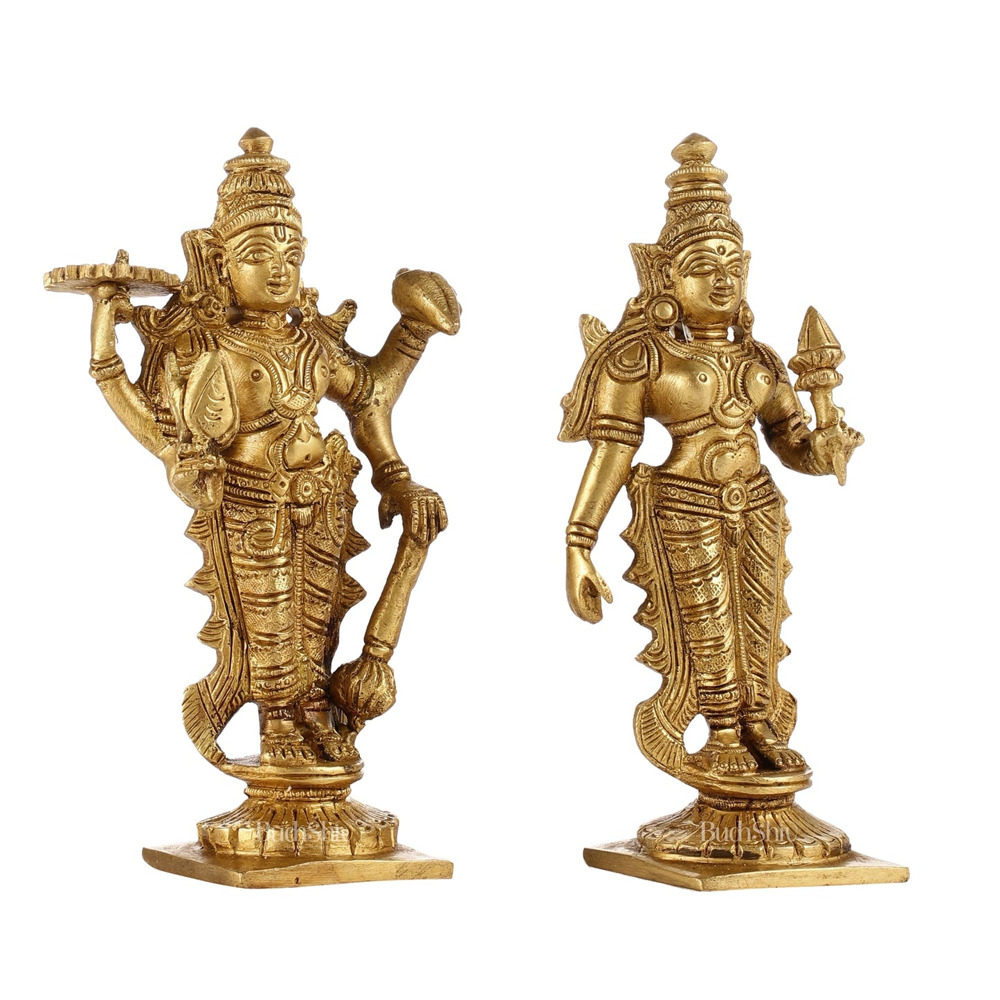 6-Inch Brass Standing Vishnu and Lakshmi Idols - Superfine Pair