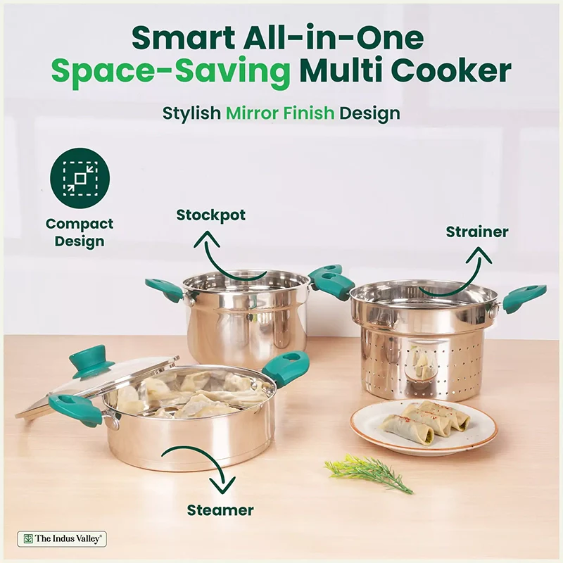 Tri-steel Multi Cooker Pot Premium Stainless Steel Momo Maker/ Idiyappam/ Biryani/  Veg Steaming Set, 3 Pots, 21cm