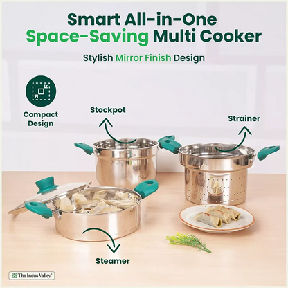 Tri-steel Multi Cooker Pot Premium Stainless Steel Momo Maker/ Idiyappam/ Biryani/  Veg Steaming Set, 3 Pots, 21cm