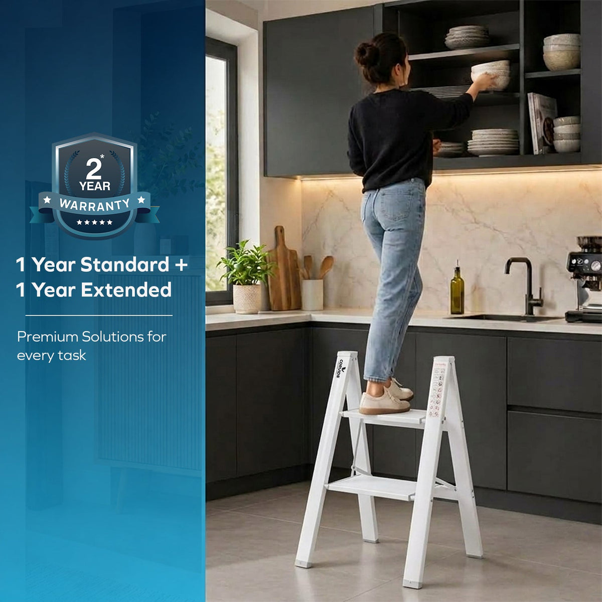 Corvids 2-Steps Premium Folding Step Stool with 2-Year Warranty ( White )-7