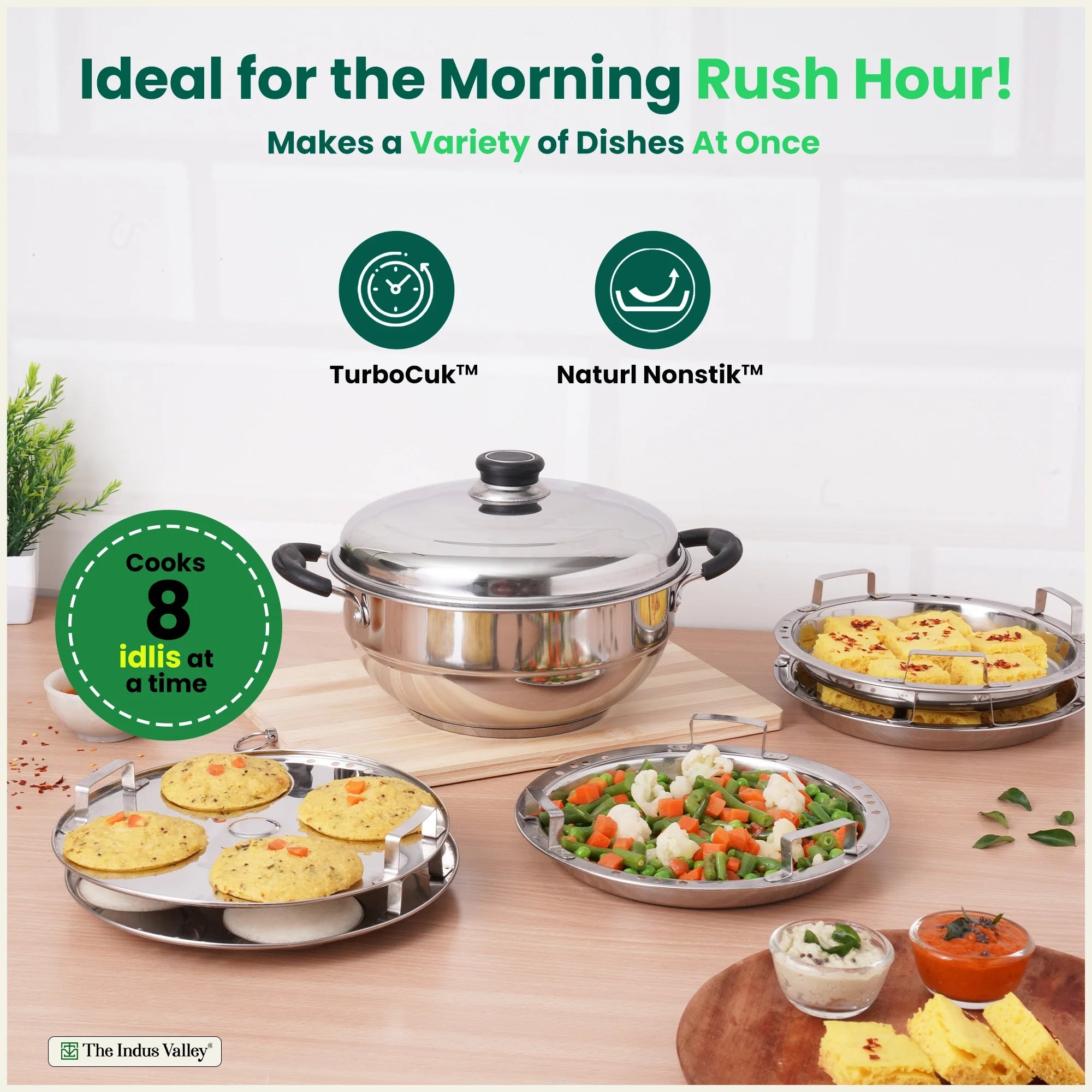 8 Pit Tri-Steel Multi Pot Premium Stainless Steel Idli/ Dhokla/ Momo Maker/ Veg Steaming Set, Tri-ply Induction Bottom, 5 Plates, 3L