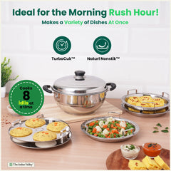 8 Pit Tri-Steel Multi Pot Premium Stainless Steel Idli/ Dhokla/ Momo Maker/ Veg Steaming Set, Tri-ply Induction Bottom, 5 Plates, 3L
