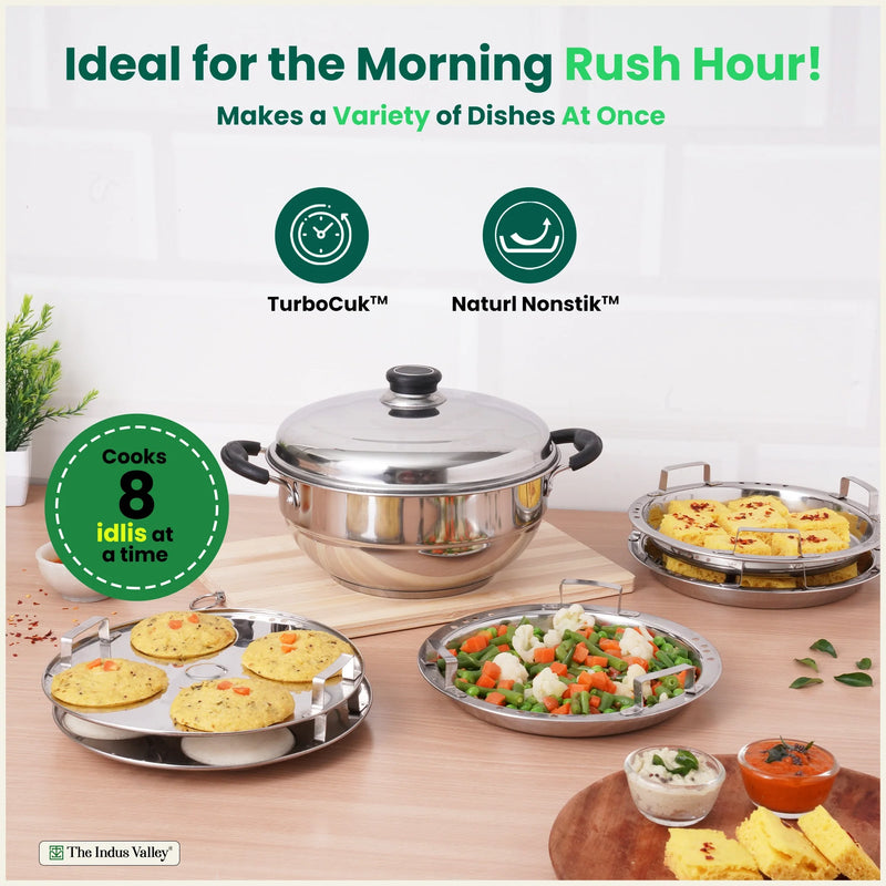 8 Pit Tri-Steel Multi Pot Premium Stainless Steel Idli/ Dhokla/ Momo Maker/ Veg Steaming Set, Tri-ply Induction Bottom, 5 Plates, 3L