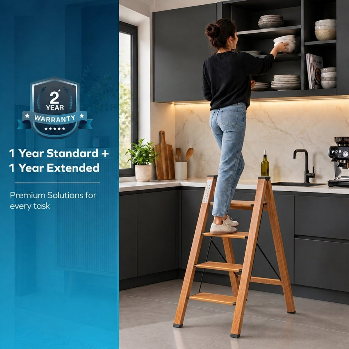 Corvids 4-Steps Premium Folding Step Stool | 2-Year Warranty | Wide Anti-Slip Pedal, Portable Lightweight Aluminum Step Ladder for Home and Office Use (Teak)-6