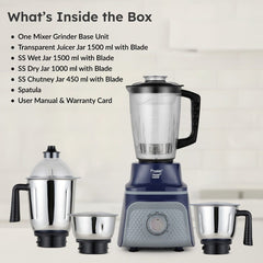 Prestige Prism Plus 1000W Mixer Grinder, 3 SS Jars & 1.5L Transparent Juicer Jar: Wet 1.5L, Dry 1.0L, Chutney 450ml, Heavy Duty Motor + Prestige 1.5L PMC 3.0 Plus Multi Kettle / Multi Cooker
