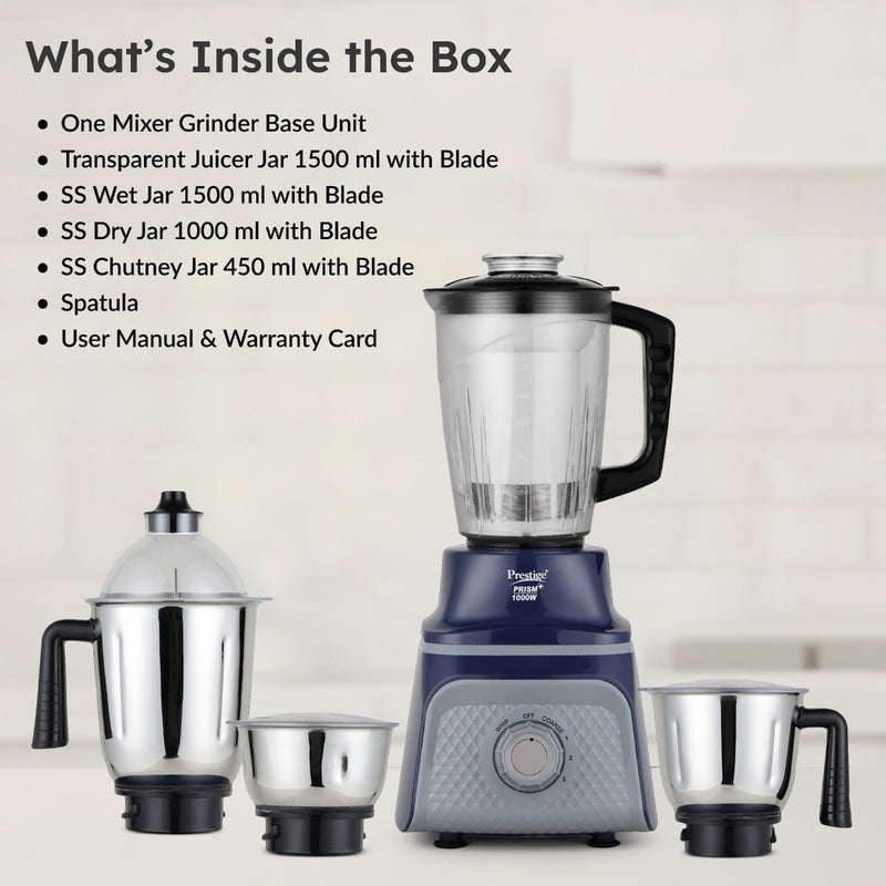Prestige Prism Plus 1000W Mixer Grinder, 3 SS Jars & 1.5L Transparent Juicer Jar: Wet 1.5L, Dry 1.0L, Chutney 450ml, Heavy Duty Motor + Prestige 1.5L PMC 3.0 Plus Multi Kettle / Multi Cooker