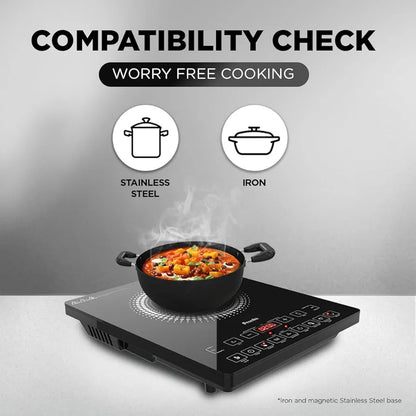 Preethi Indicook IC125 Induction Cooktop, 2100-Watt Electric Stove with Feather Touch Operation and Crystal Glass 