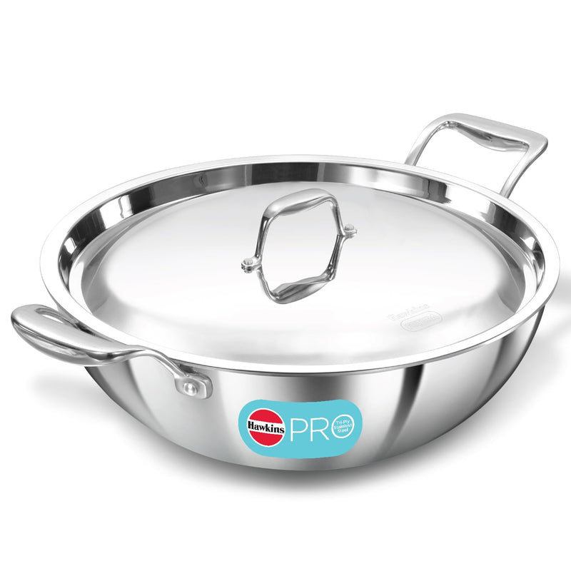 Hawkins Pro 2.5 Litre Deep-Fry Pan, Triply Stainless Steel Kadhai with Stainless Steel Handles and Stainless Steel Lid, Silver (PSK25S)