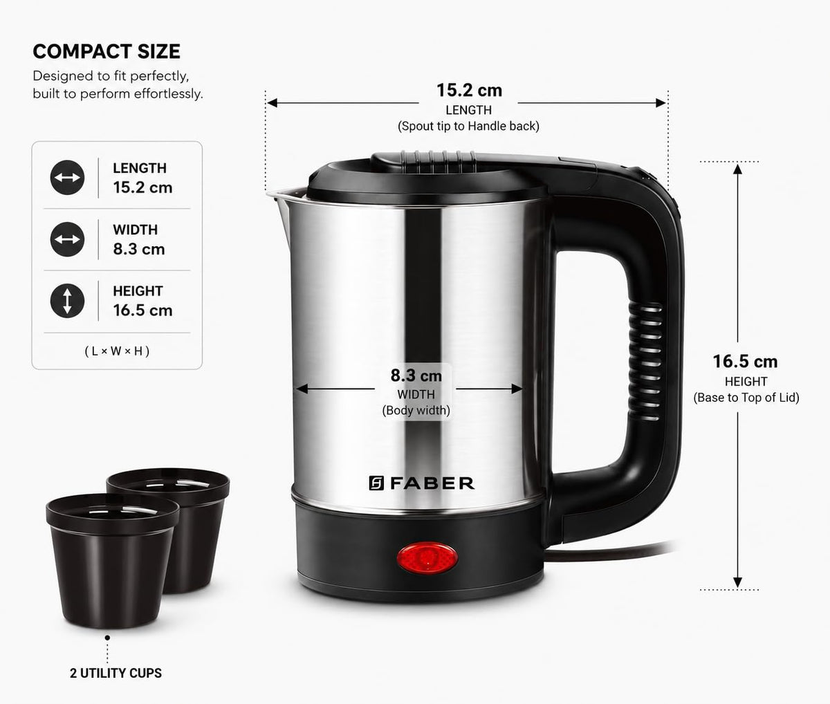 Faber Electric Water Kettle | 0.5L | 550W | Free 2 Cups | 3X Protection - Auto Off, Dry Boil, Overheating | SS Body | 36