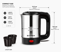 Faber Electric Water Kettle | 0.5L | 550W | Free 2 Cups | 3X Protection - Auto Off, Dry Boil, Overheating | SS Body | 36