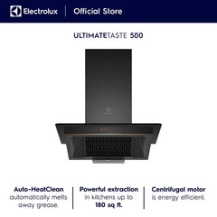 Electrolux 60cm Straight Glass Chimney for up to 180 sqft Kitchen, AutoClean, UltimateTaste 500, Black, ECC6681G-3