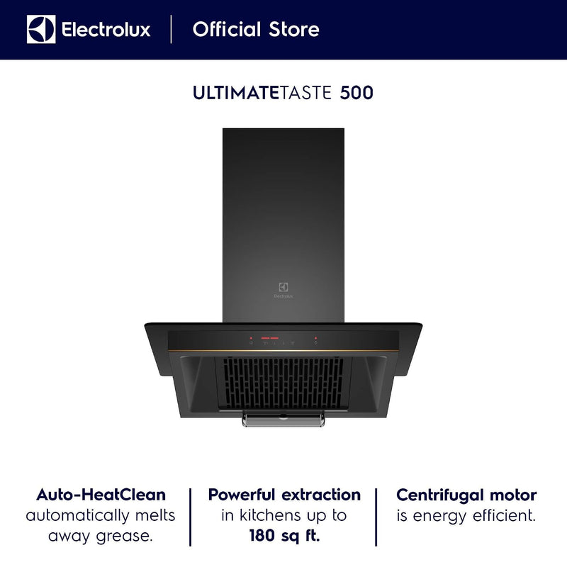 Electrolux 60cm Straight Glass Chimney for up to 180 sqft Kitchen, AutoClean, UltimateTaste 500, Black, ECC6681G-3
