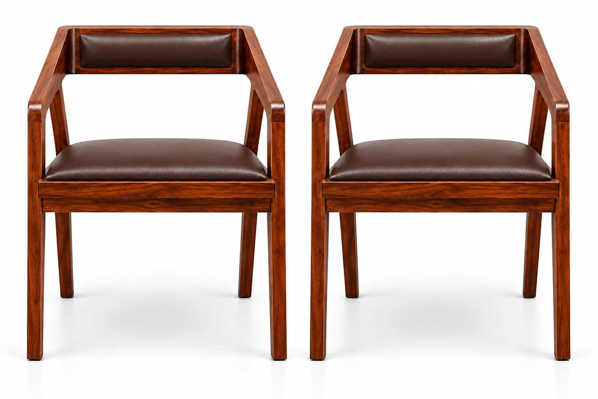 Solid Sheesham Wood Cafe Arm Chair, Walnut + Chocolate Upholstered Seat, Modern Wooden Accent Chair, Set of 2 (