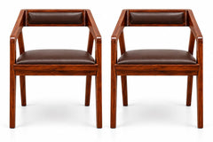 Solid Sheesham Wood Cafe Arm Chair, Walnut + Chocolate Upholstered Seat, Modern Wooden Accent Chair, Set of 2 (