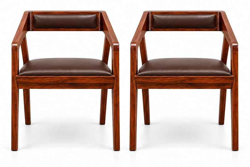 Solid Sheesham Wood Cafe Arm Chair, Walnut + Chocolate Upholstered Seat, Modern Wooden Accent Chair, Set of 2 (