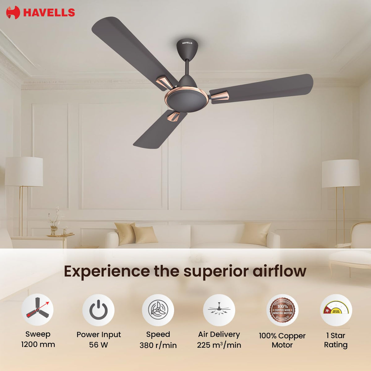 Havells Quickair 1200mm Ceiling Fan, High-Speed, Energy Efficient & Silent Operation with Modern Design, Ideal for Bedrooms-5