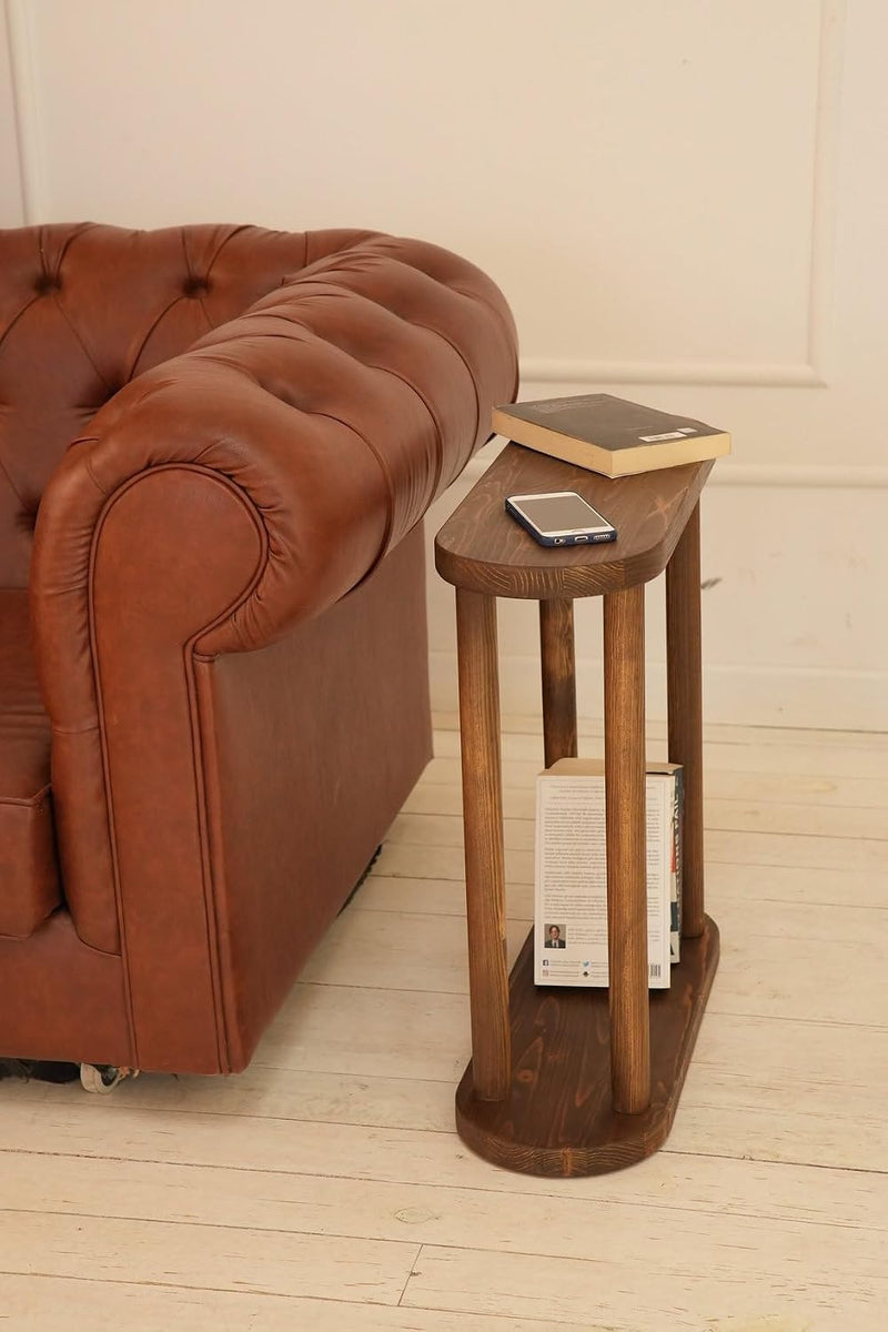 Walnut Wood Round End Table | Oval Bedside Coffee Table for Living Room | Handmade Rustic Furniture for Home De