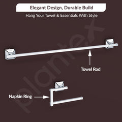 Plantex 304 Grade Stainless Steel Bathroom Accessories Set of 5 - Towel Rod/Hand Napkin Hanger for Wash Basin/Soap Case/Toothbrush Holder/Robe Hook - Squaro (Chrome)-5