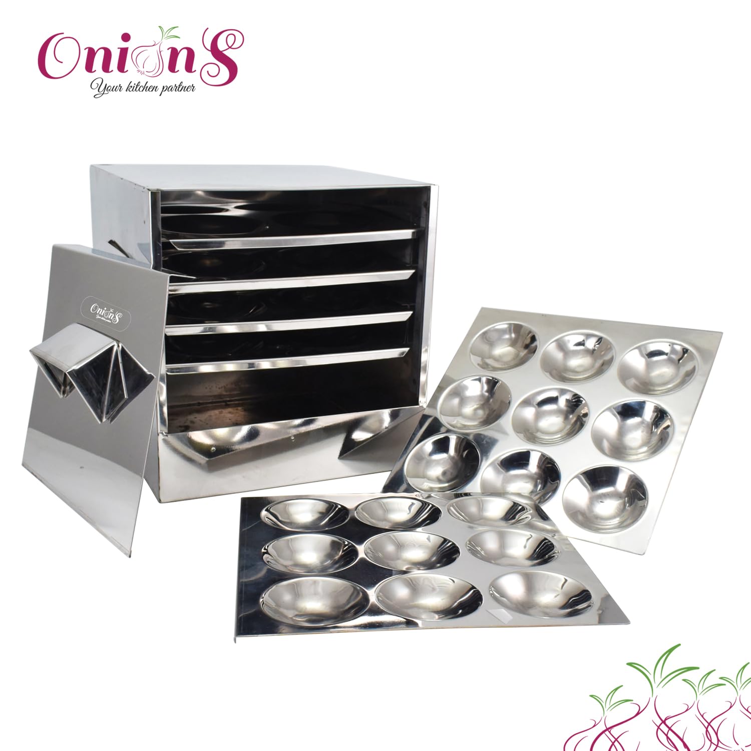 Onions Stainless Steel Cauka/Square/Cubic Idly cooker 4 + 2 plates with16 Regular idly Extra 2 Mini Idly plates - Gas stove and Induction Stove Compactible – FOR HOME USE ONLY