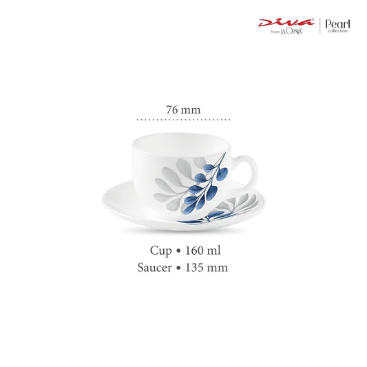 La Opala Diva, Pearl Collection Opal Glass Crockery | Cup & Saucer, Set of 12 | Indigo Bliss, 160 ml | for Tea & Coffee | Microwave Safe | 100% Vegetarian | Extra Strong | Super Light | Super White
