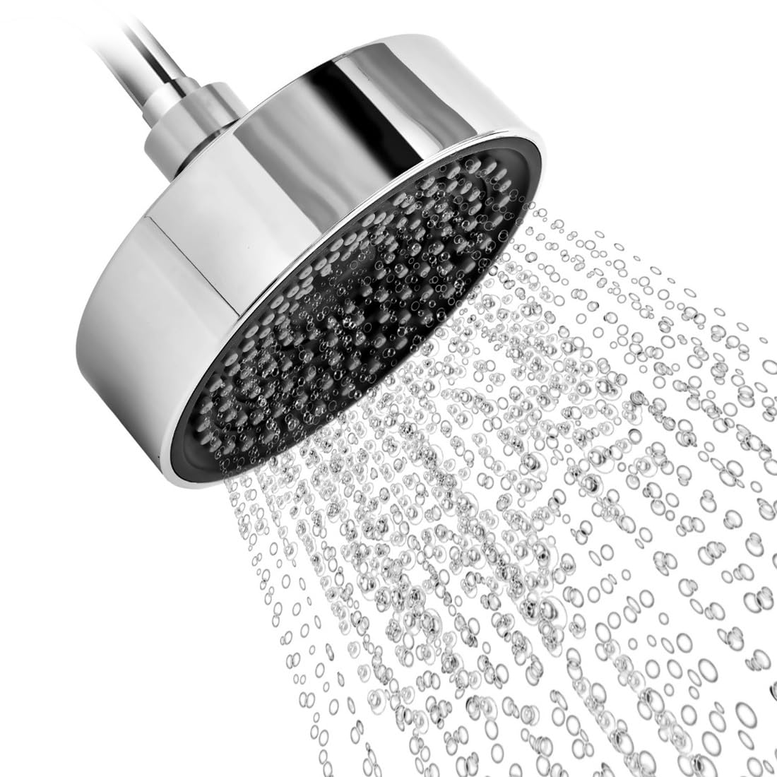 HOUZA Round Shower Head for Bathroom | 4 Inch Single Flow Overhead Shower without Arm | Adjustable Bathroom Shower with Even Water Flow & Rust Resistant | Anti-Clog Silicone Nozzles for Wall Mounting