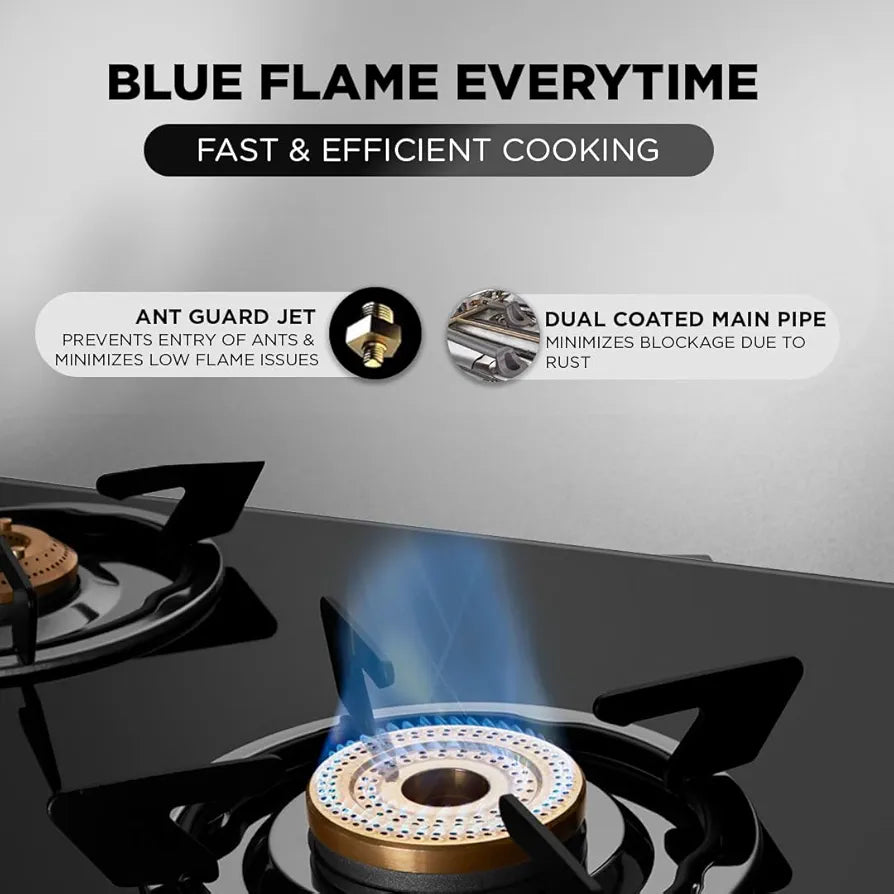 Preethi Bluflame Sparkle Power Duo 3 Burner Glass top Gas Stove with Power Burner and Swirl flame technology, saves gas and cooks faster, Manual Ignition, Black