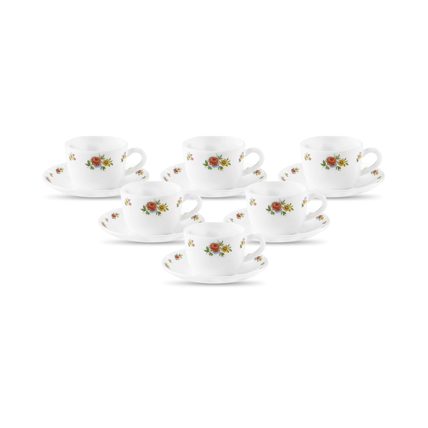 La Opala, Novo Collection Opal Glass Crockery | Cup & Saucer Princess, Set of 12 | Petite Roses, 150 ml | for Tea & Coffee | Microwave Safe | 100% Vegetarian | Extra Strong | Super Light | Super White