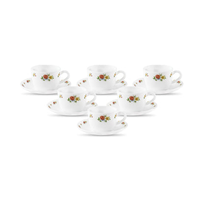 La Opala, Novo Collection Opal Glass Crockery | Cup & Saucer Princess, Set of 12 | Petite Roses, 150 ml | for Tea & Coffee | Microwave Safe | 100% Vegetarian | Extra Strong | Super Light | Super White