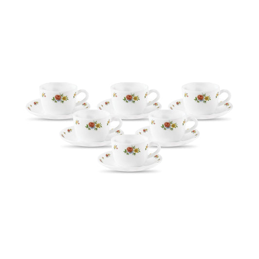 La Opala, Novo Collection Opal Glass Crockery | Cup & Saucer Princess, Set of 12 | Petite Roses, 150 ml | for Tea & Coffee | Microwave Safe | 100% Vegetarian | Extra Strong | Super Light | Super White