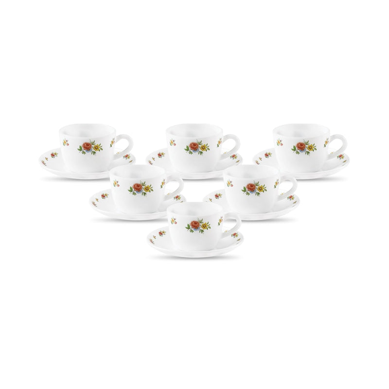 La Opala, Novo Collection Opal Glass Crockery | Cup & Saucer Princess, Set of 12 | Petite Roses, 150 ml | for Tea & Coffee | Microwave Safe | 100% Vegetarian | Extra Strong | Super Light | Super White