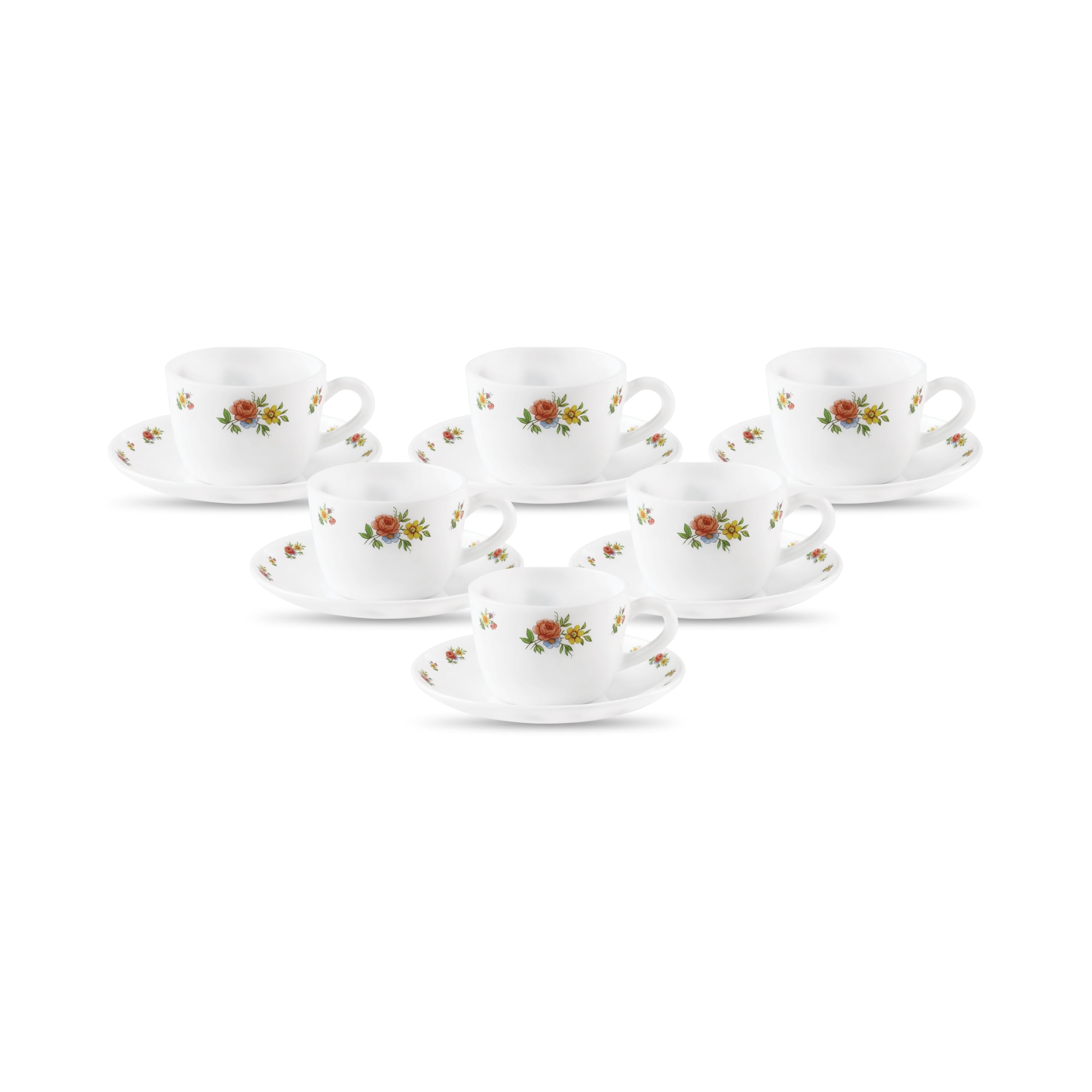 La Opala, Novo Collection Opal Glass Crockery | Cup & Saucer Princess, Set of 12 | Autumn Flower, 150 ml | for Tea & Coffee | Microwave Safe | 100% Vegetarian | Extra Strong | Super Light & White