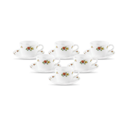 La Opala, Novo Collection Opal Glass Crockery | Cup & Saucer Princess, Set of 12 | Petite Roses, 150 ml | for Tea & Coffee | Microwave Safe | 100% Vegetarian | Extra Strong | Super Light | Super White
