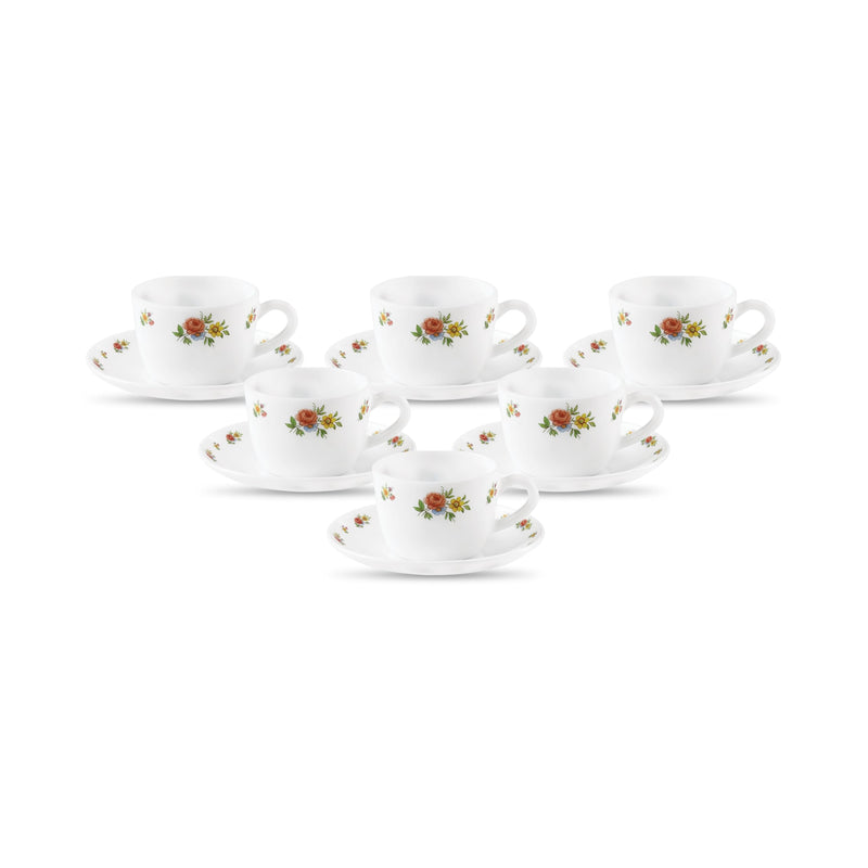 La Opala, Novo Collection Opal Glass Crockery | Cup & Saucer Princess, Set of 12 | Petite Roses, 150 ml | for Tea & Coffee | Microwave Safe | 100% Vegetarian | Extra Strong | Super Light | Super White
