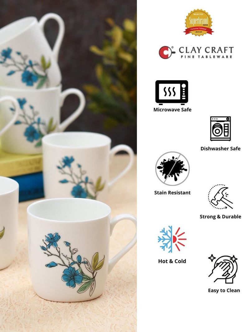 Clay Craft Fine Ceramic | Floral Printed | Tea/Coffee Cups - Set of 6-180 ml Each (Blue Flower), Tea Cup Set of 6, Microwave & Dishwasher Safe, Mugs for Coffee, Cups Set of 6, Ideal for Gifting