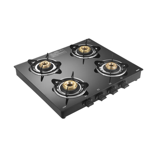 KAFF Cooktop | 4 Burners with Slim Line Design 58 CM | High Efficiency Brass Burners, Black Tempered Glass | Matt Enamelled Pan Support | Black | CTR58-4B