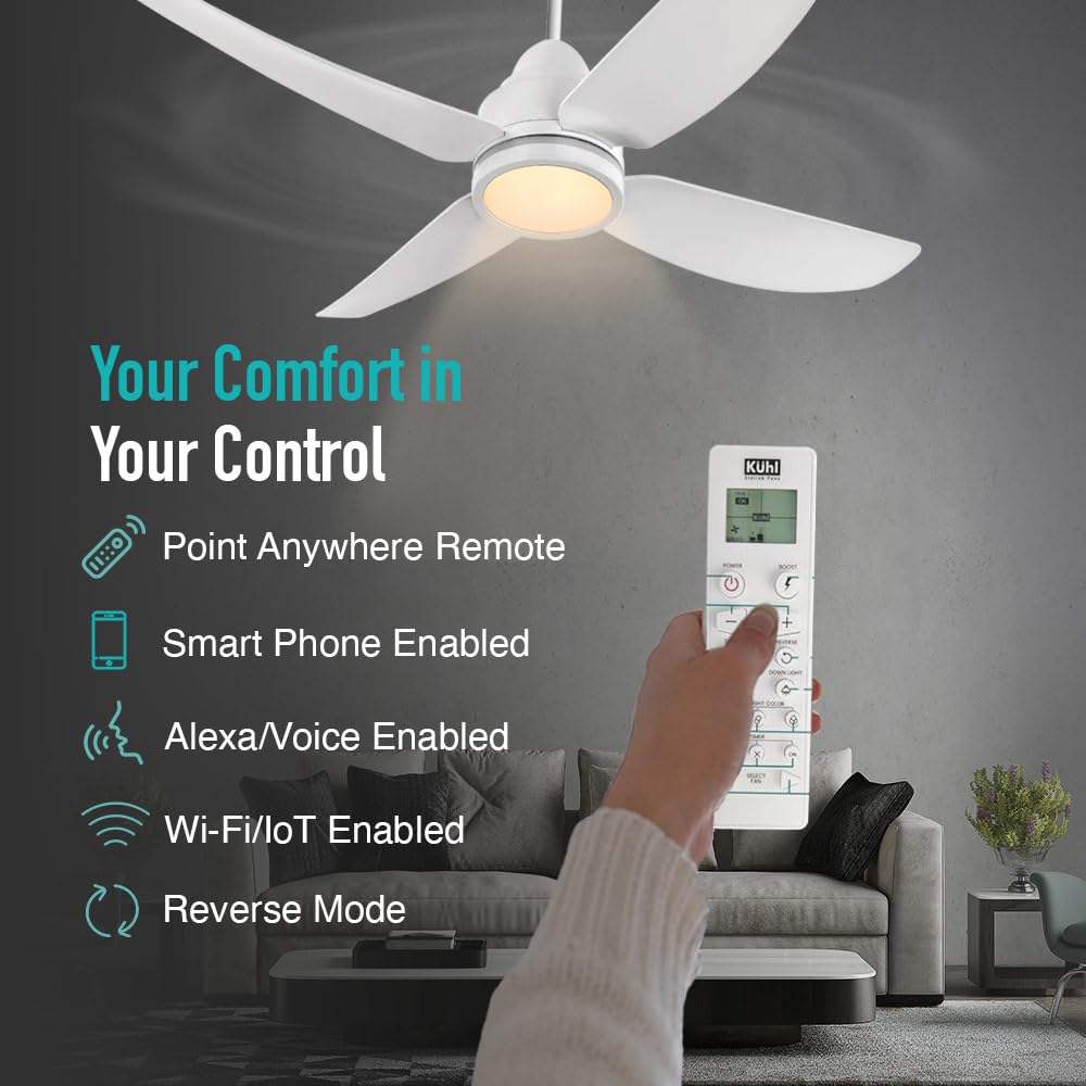 KUHL Luxus C4 1200mm Stylish 65% Power Saving BLDC Ceiling Fan with Remote | Night & Down Light | 29W | BEE 5 Star|Low Noise | IoT –Operate via Mobile & Alexa | Reverse Mode|Free Installation | White