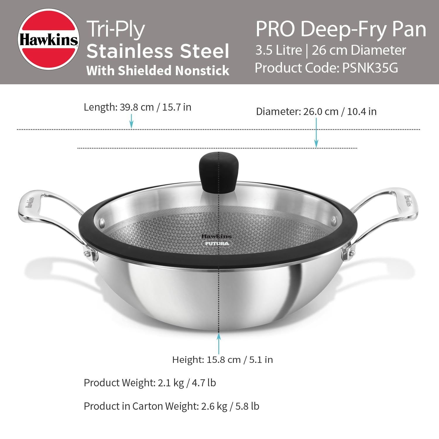 Hawkins Pro 3.5 Litre Shielded Nonstick Triply Deep-Fry Pan, Kadhai with Stainless Steel Handles and Glass Lid, Silver (PSNK35G), 26 cm