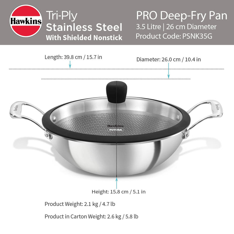 Hawkins Pro 3.5 Litre Shielded Nonstick Triply Deep-Fry Pan, Kadhai with Stainless Steel Handles and Glass Lid, Silver (PSNK35G), 26 cm