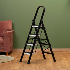 BonKaso Climb Steady Premium Alloy Steel Heavy Duty Multipurpose Foldable 5 Step Ladder with Connecting Frame & Belt Support, Load Capacity Upto 120kg | for Home and Outdoor - (Matte Black & White)