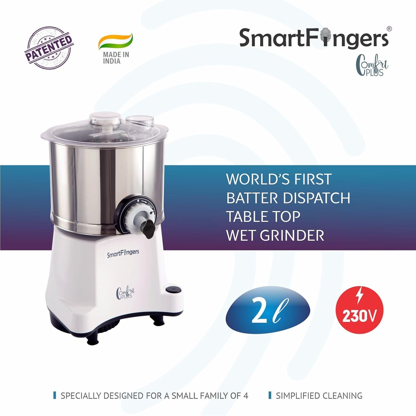 SmartFingers Comfort Plus Table Top Magic Wet Grinder 230V 50hz, 2 Liter, White, 2 Stone