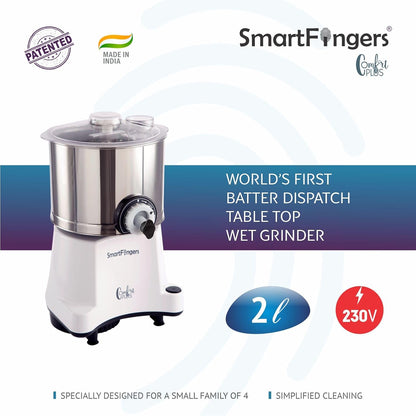 SmartFingers Comfort Plus Table Top Magic Wet Grinder 230V 50hz, 2 Liter, White, 2 Stone