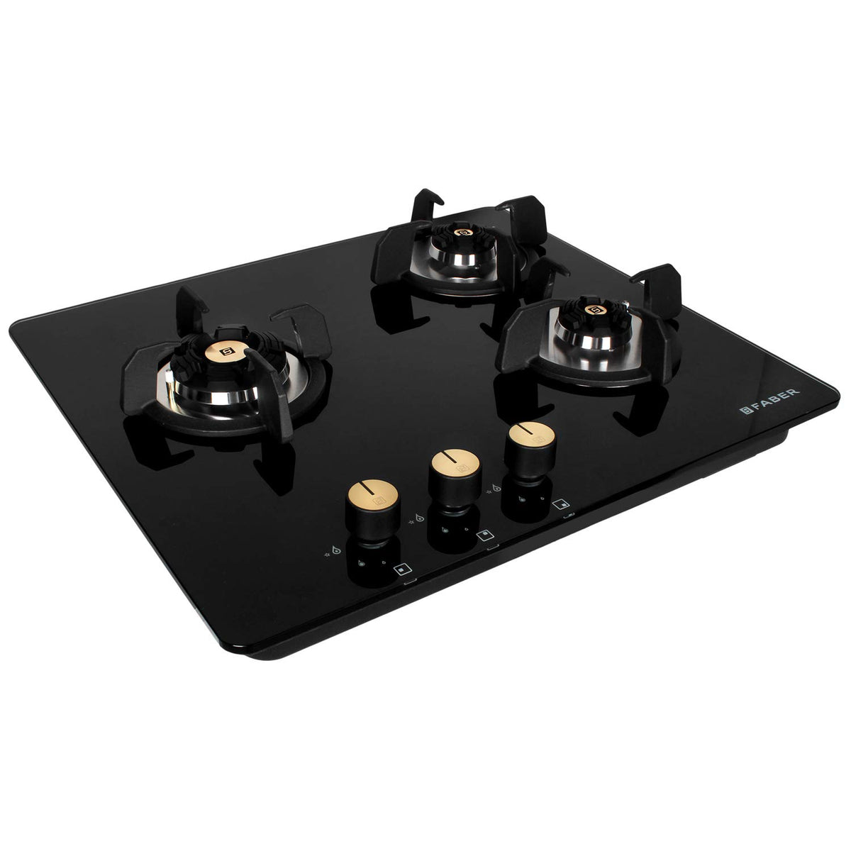 Faber Hob/Hobtop 3 Brass Burner Auto Electric Ignition Glass Top (Maxus HT603 CRS BR CI AI) Black