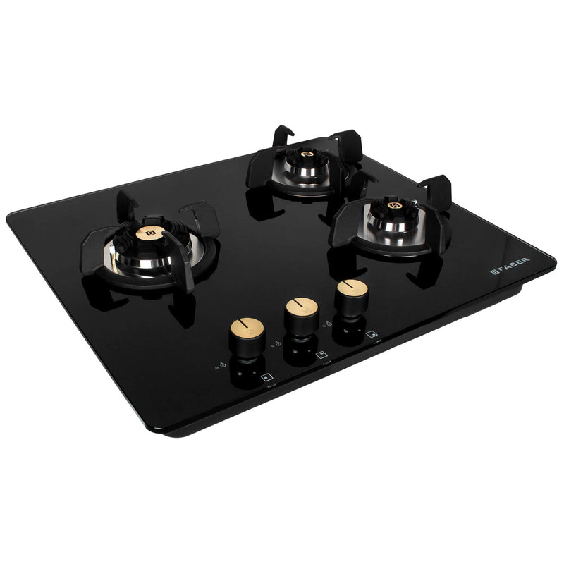 Faber Hob/Hobtop 3 Brass Burner Auto Electric Ignition Glass Top (Maxus HT603 CRS BR CI AI) Black