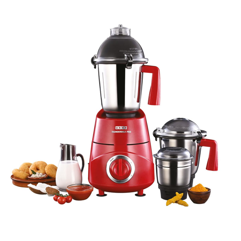 USHA Thunderbolt Pro 1000W with 3 Jars, 100% Copper Ball-Bearing Motor, Handsfree operation, 3 Jars, 3-Speed Setting with Inching option, 5 Years Warranty on Motor (Black)