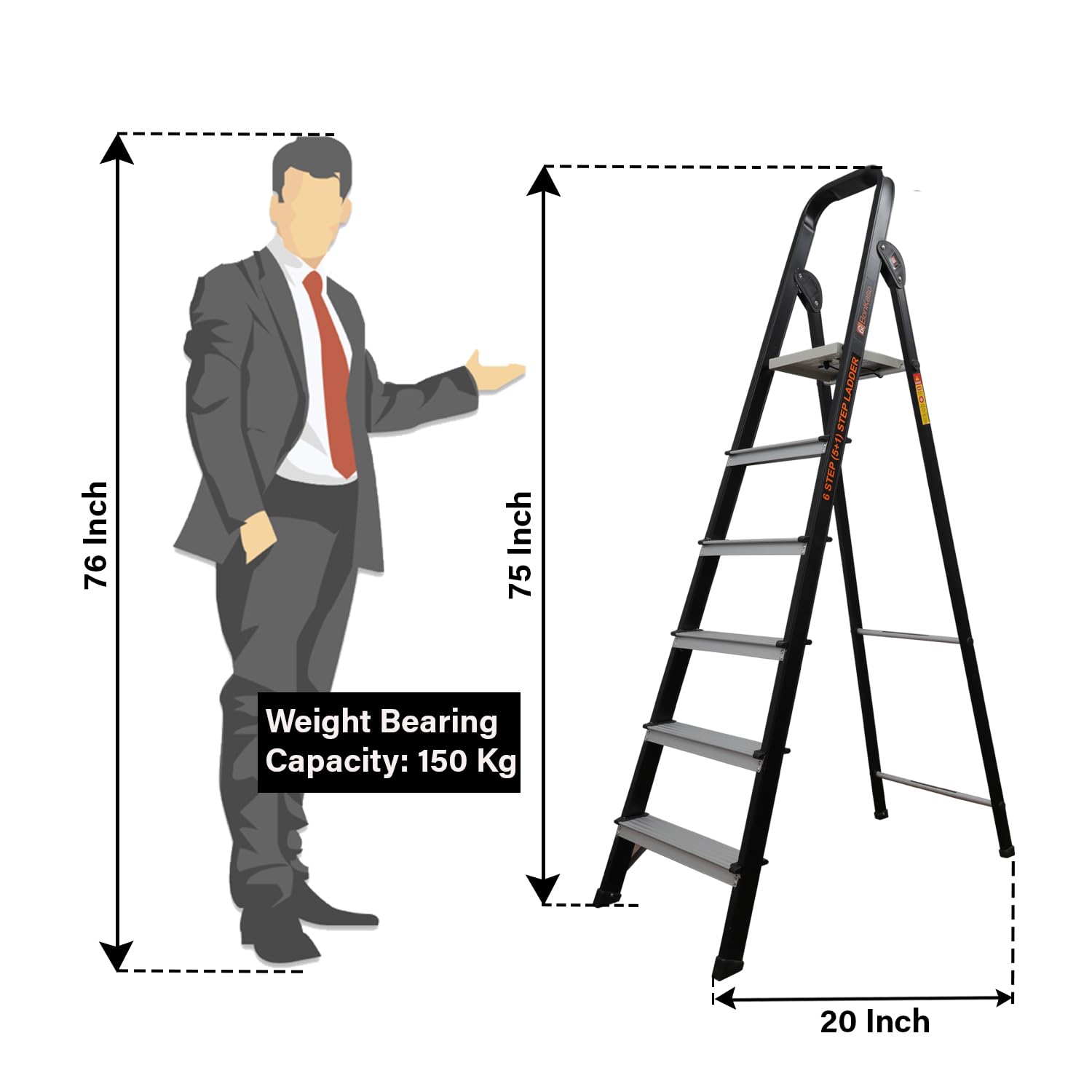 Bonkaso Climb Lite Pro 6 Steps Foldable Aluminium Ladder, Load Capacity Upto 120kg, Multipurpose Ladder for Home & Office, Anti-Skid, Heavy Duty Platform, 5 Years Warranty (191h x 52w Cms) Black
