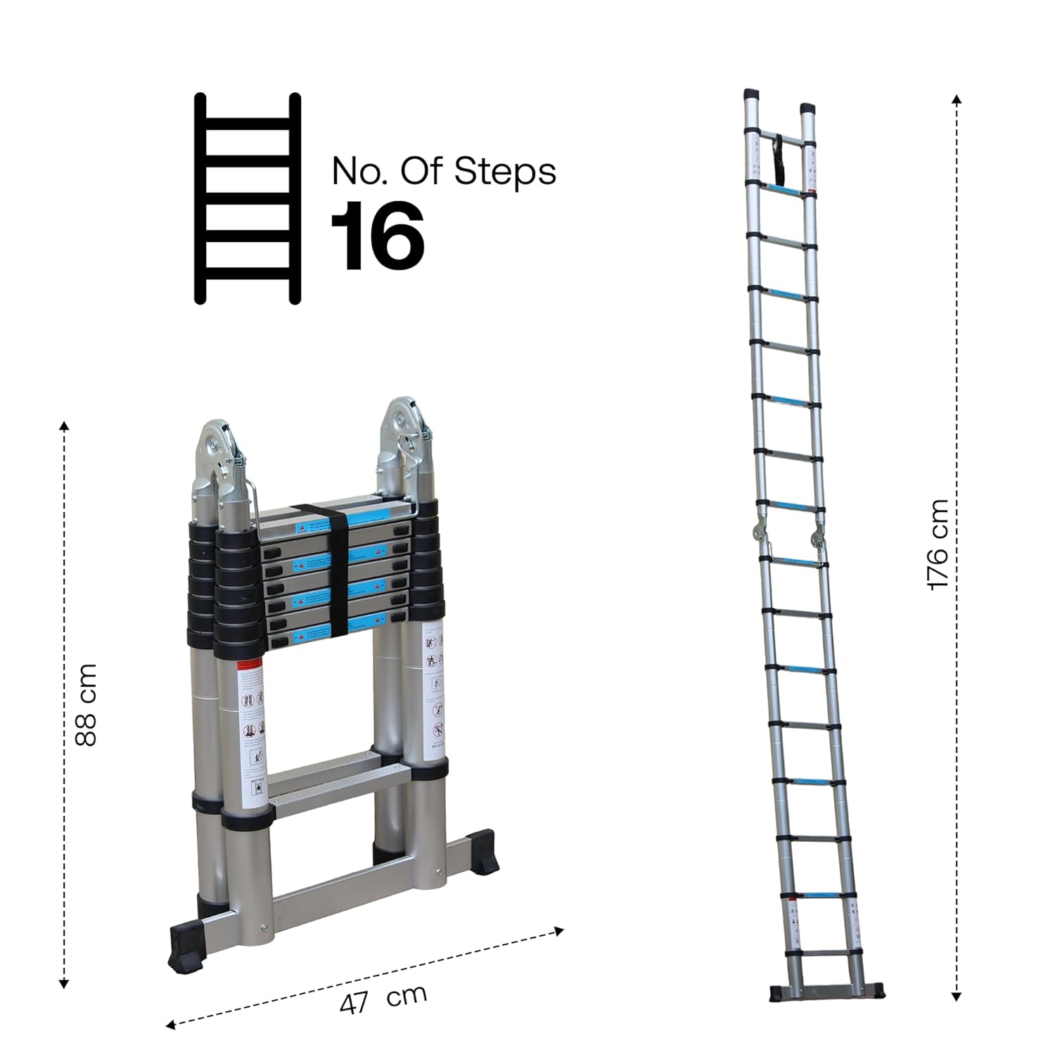 Bonkaso A-Shaped Telescopic Ladder 5 m (16.5 Ft), Premium Aluminum Alloy Folding Extension Ladder, EN131 Certified, 150kg Load Capacity, Anti-Slip Feet, Compact & Portable for Home and Outdoor Use