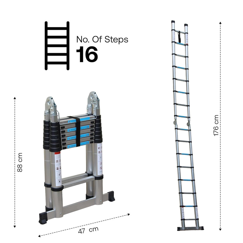 Bonkaso A-Shaped Telescopic Ladder 5 m (16.5 Ft), Premium Aluminum Alloy Folding Extension Ladder, EN131 Certified, 150kg Load Capacity, Anti-Slip Feet, Compact & Portable for Home and Outdoor Use